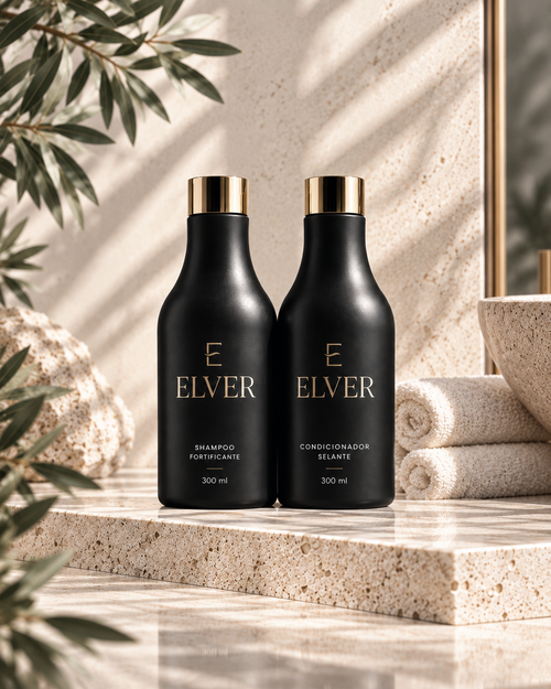 Kit Ritual ELVER com shampoo e condicionador em ambiente premium claro