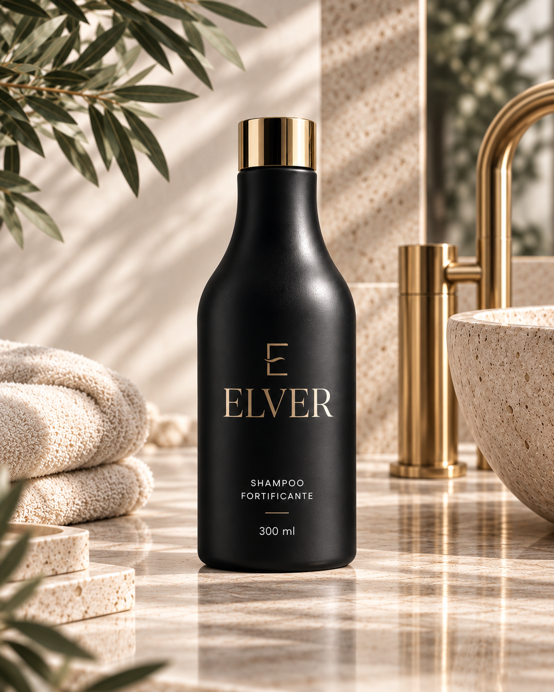Shampoo Fortificante ELVER em banheiro premium claro